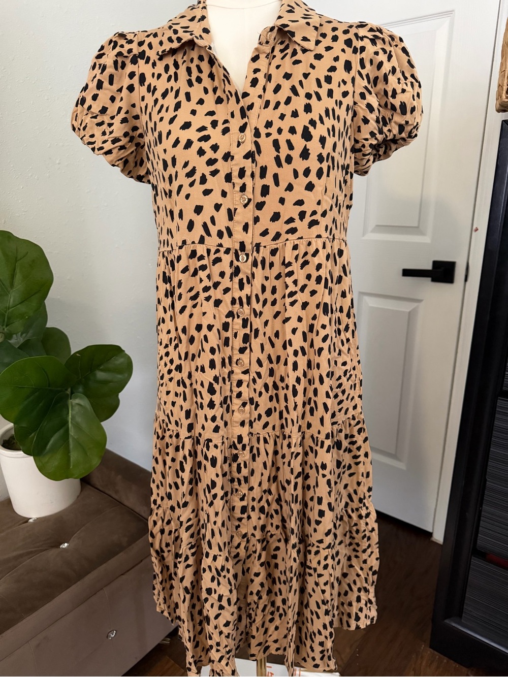 Tan Midi Dress with Black Spot Print